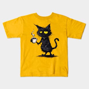 Lazy Cat Drinking Coffee Kids T-Shirt